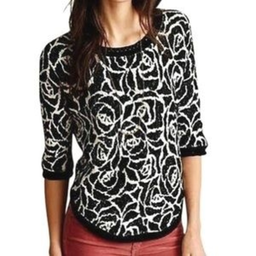 ANTHROPOLOGIE Moth Black White Floral Wool Blend Knit Pullover Sweater Size XS